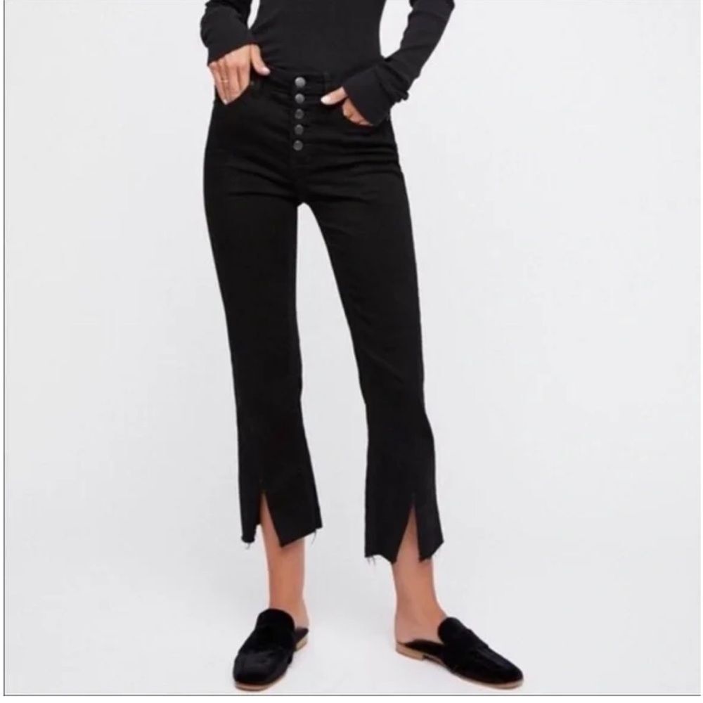 Free People Black Bootcut Jeans Sz 31 Button Fly Capris Raw Hem